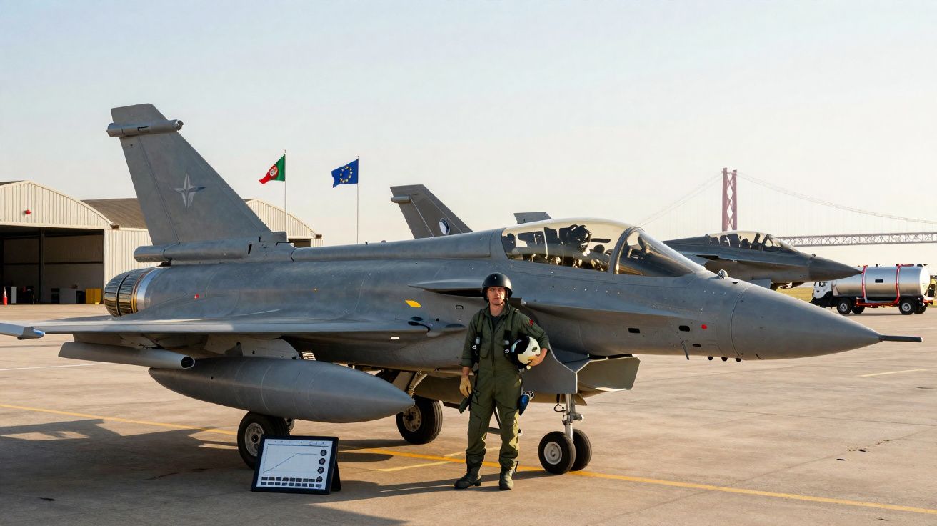 Caça militar estacionado com piloto em fato de voo na pista de aeroporto ao pôr do sol.