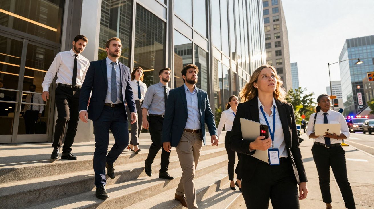Grupo de profissionais vestidos formalmente a sair de um edifício moderno numa zona urbana.
