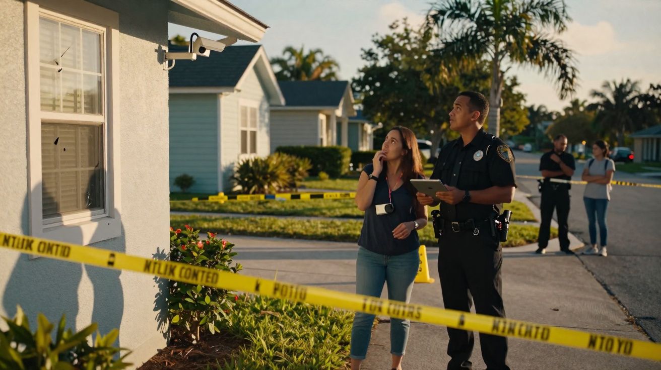 Polícia e mulher investigam casa com fita policial isolando a área num bairro residencial.