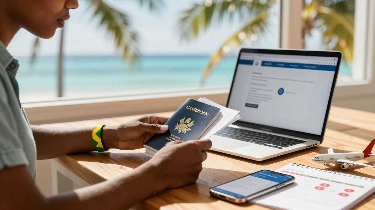 Pessoa a preparar documentação de viagem junto a computador portátil, smartphone e maqueta de avião numa mesa com vista para 