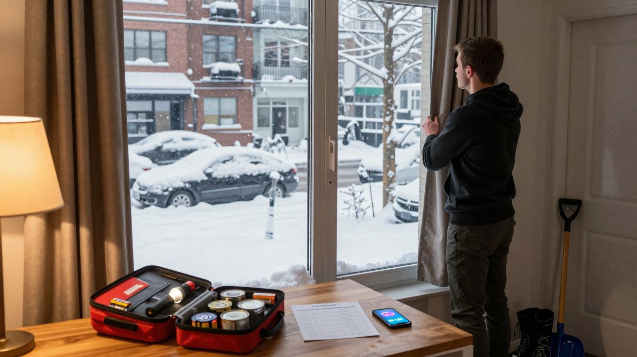 Homem vê neve através da janela de casa com mesa, kit de emergência e pá para neve ao lado.