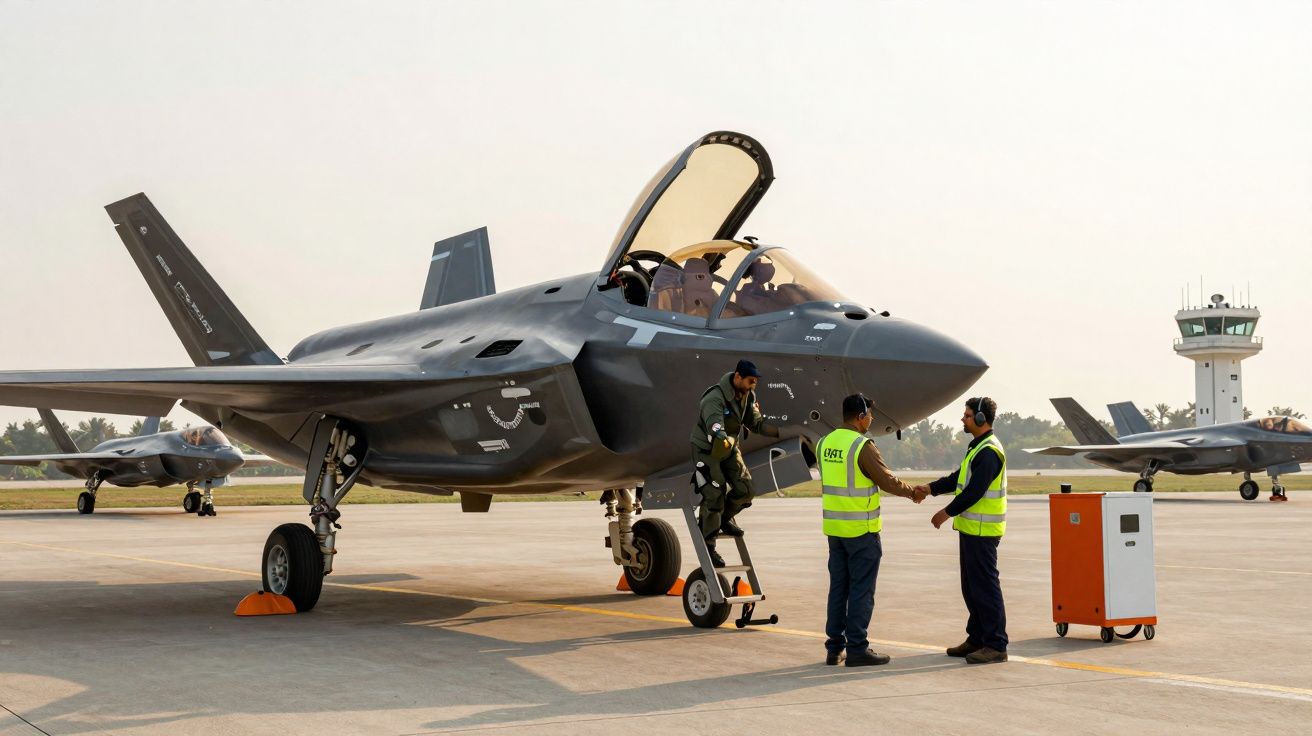 Caça furtivo F-35 estacionado em pista com piloto a sair e dois técnicos de segurança a cumprimentar-se.