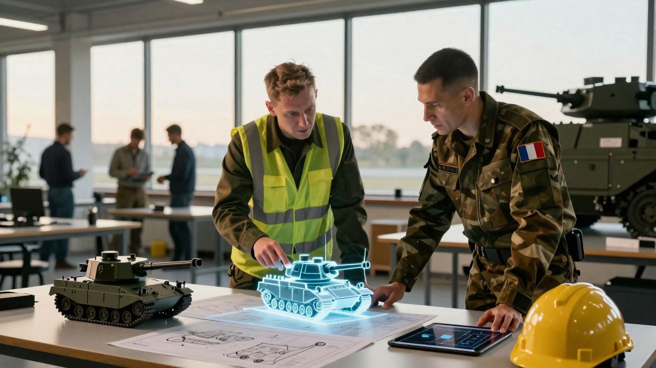 Dois homens analisam projeto holográfico de tanque numa mesa com miniatura e plantas de engenharia militar.
