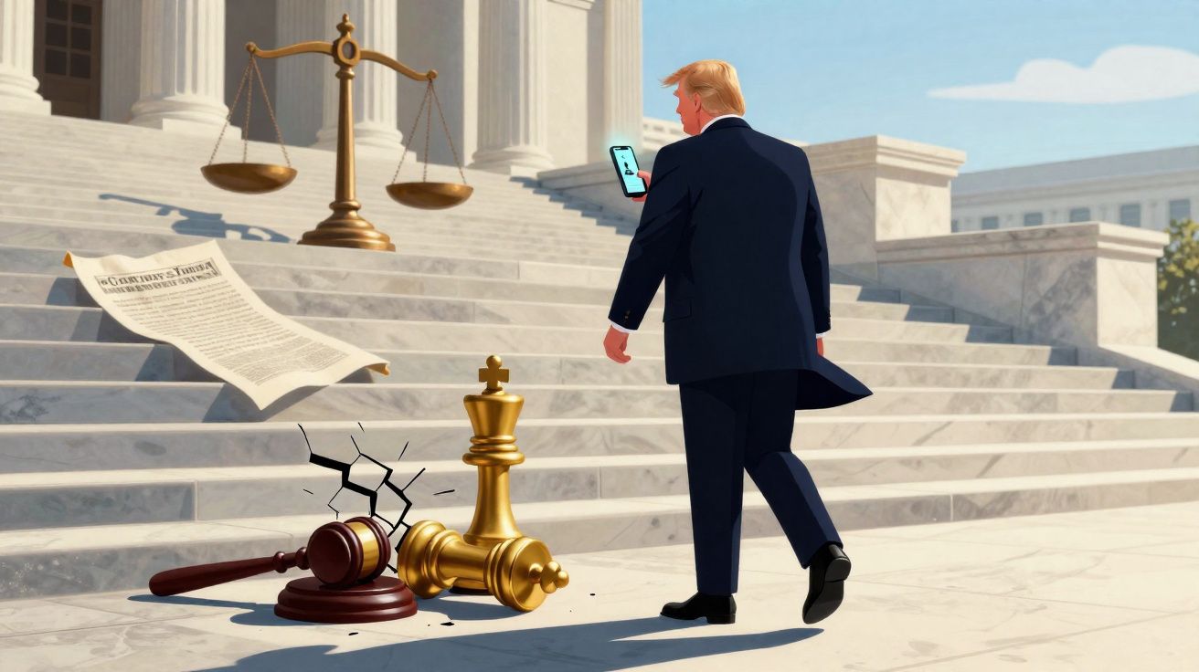 Homem de fato caminha em escadaria judicial com martelo, peças de xadrez e balança dourada ao fundo.