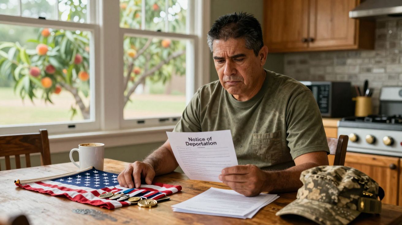 Homem preocupado a ler aviso de deportação na cozinha, com bandeira dos EUA e medalhas militares na mesa.