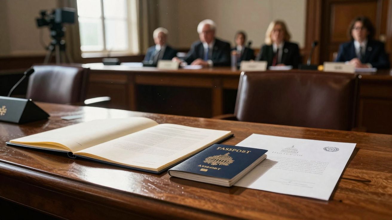 Mesa de madeira com passaporte, livro aberto e documentos, e pessoas desfocadas ao fundo num tribunal.