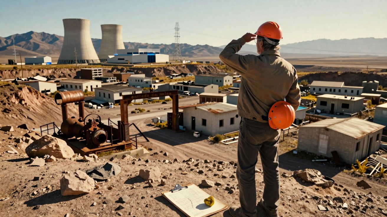 Homem de capacete laranja observa central industrial em zona árida com edifícios e torres de arrefecimento.
