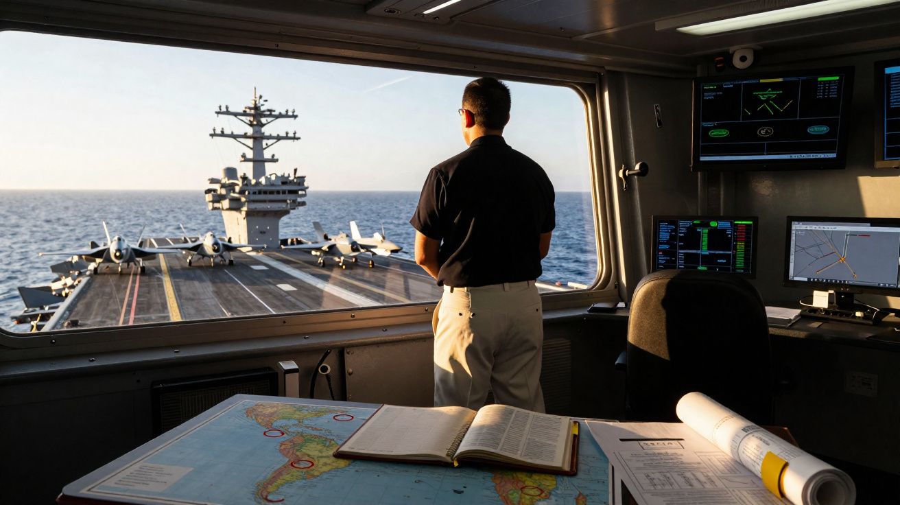 Homem observa porta-aviões a partir da ponte de comando com mapas e monitores ao redor.