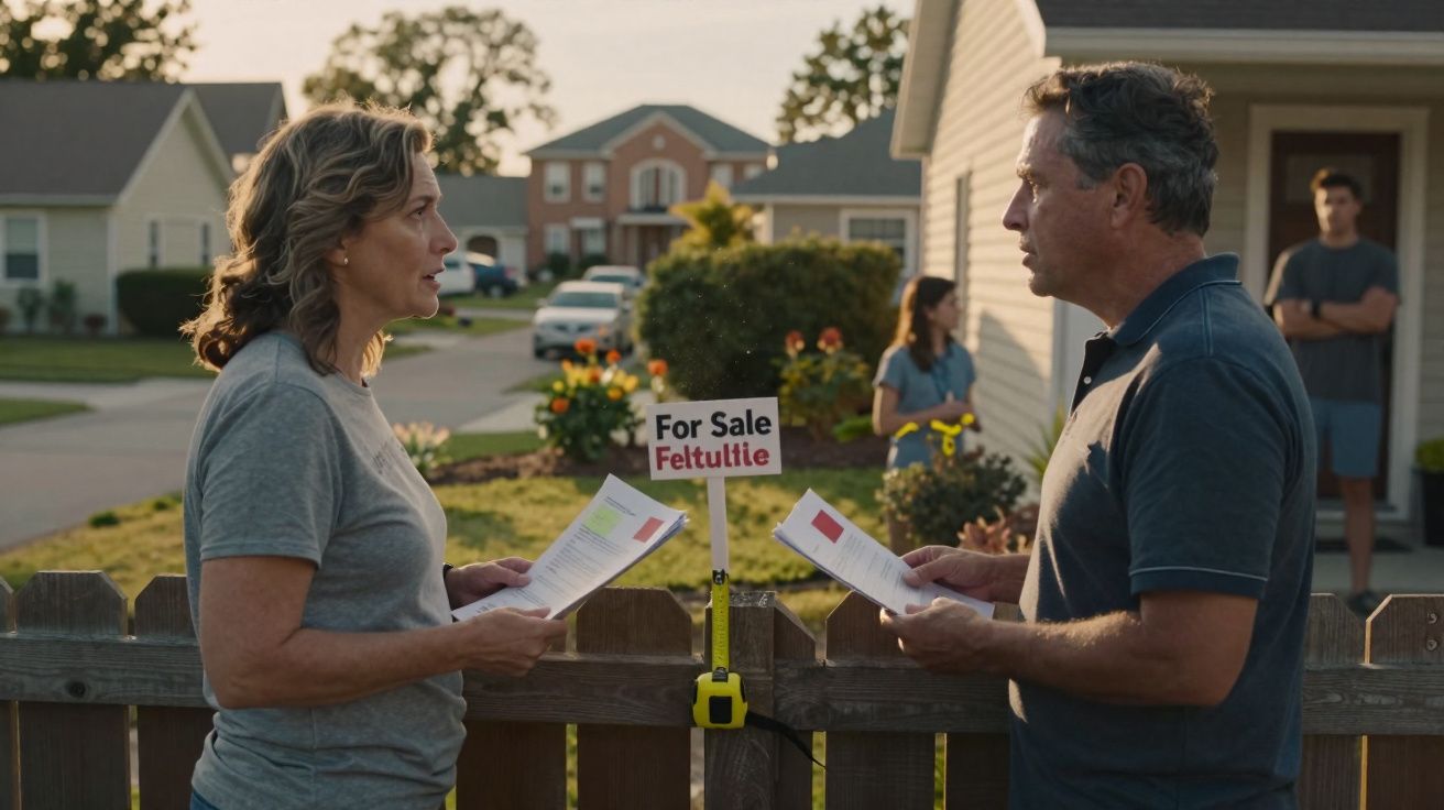 Duas pessoas conversam com documentos à frente de uma cerca com placa de "Vende-se" num bairro residencial.