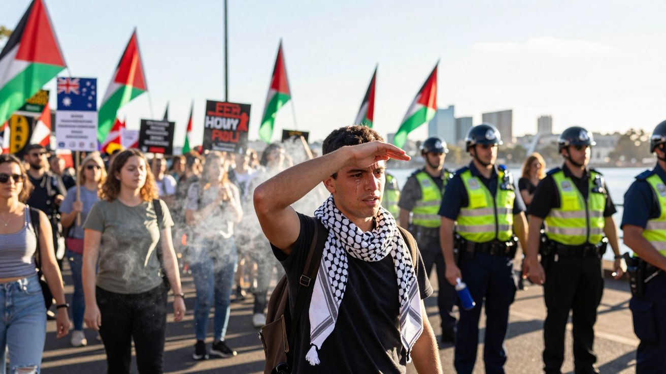 Manifestantes com bandeiras e coletes da polícia em protesto ao ar livre durante o dia.