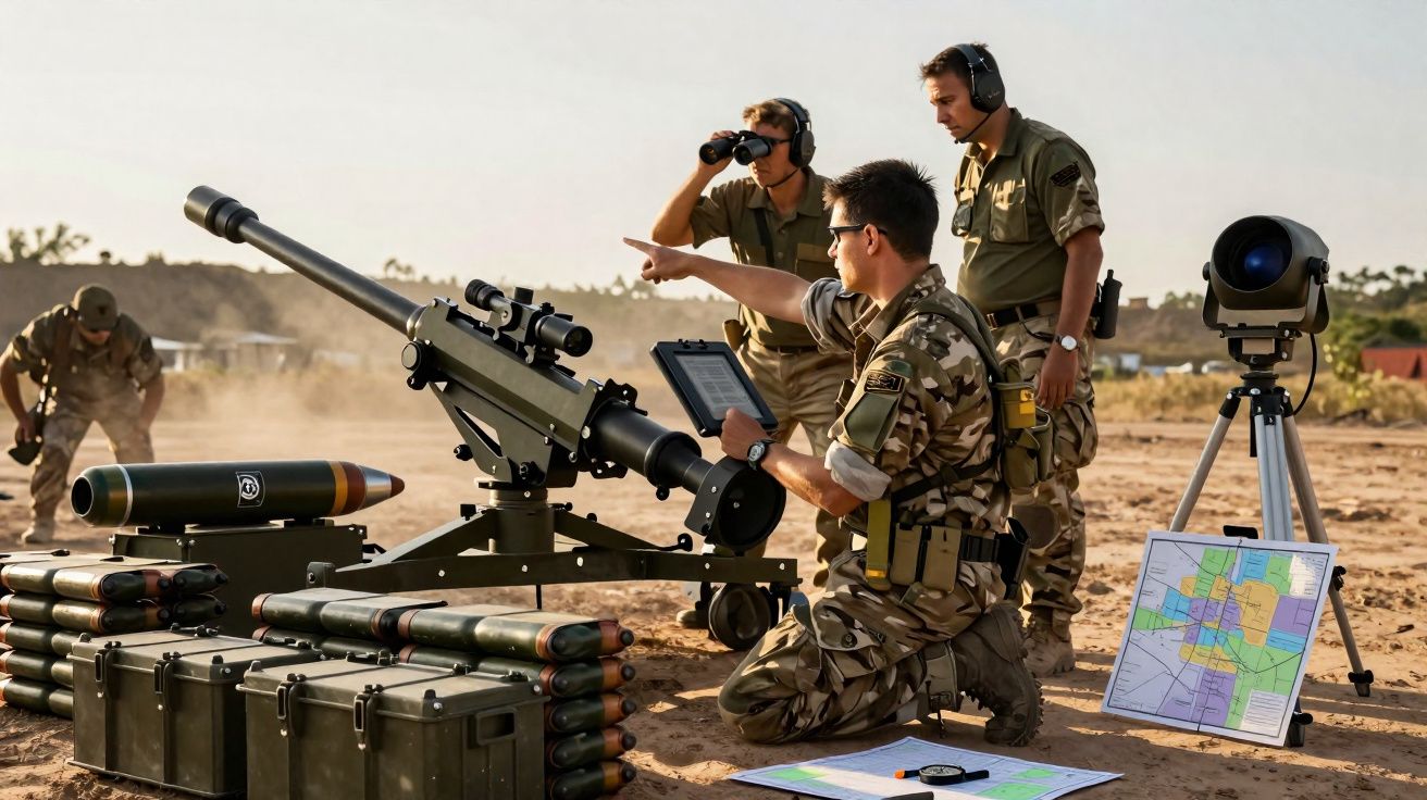 Soldados em uniforme e auriculares operam artilharia pesada em terreno árido com mapas e binóculos.