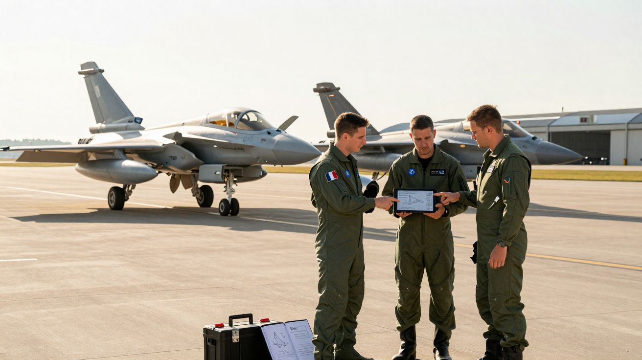 Três pilotos em fatos de voo verdes discutem informações numa prancheta junto a dois jatos militares estacionados numa pista 