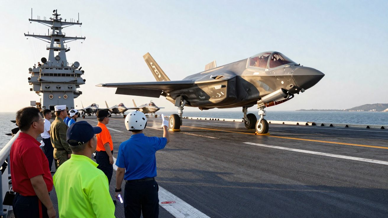 Caça stealth pousa em porta-aviões com tripulação a observar no convés ao pôr do sol.