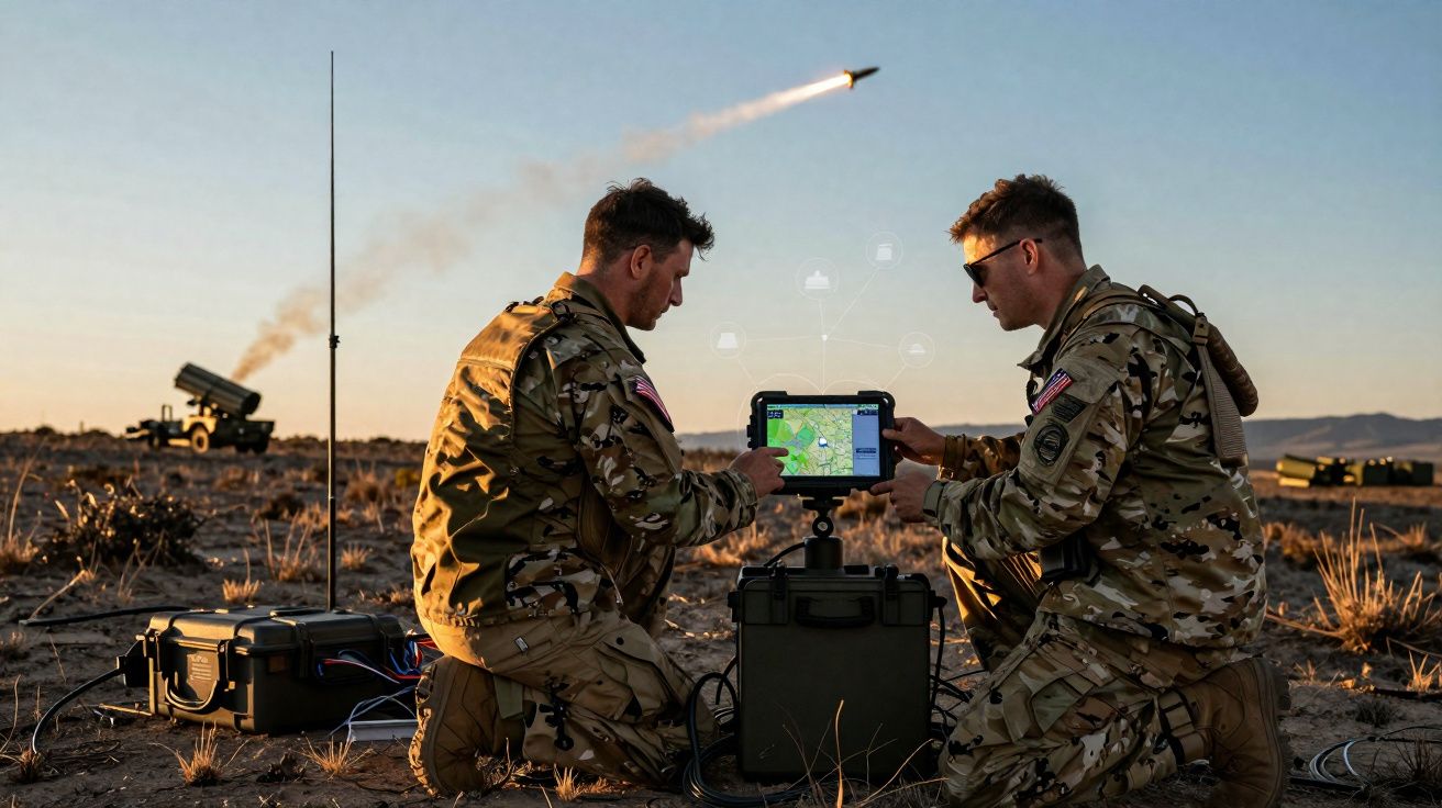 Dois soldados em uniforme camuflado operam um tablet no deserto com um míssil a ser lançado ao fundo.