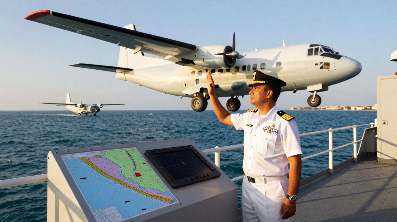 Oficial da marinha em convés a operar aproximação de avião de transporte militar sobre o mar.