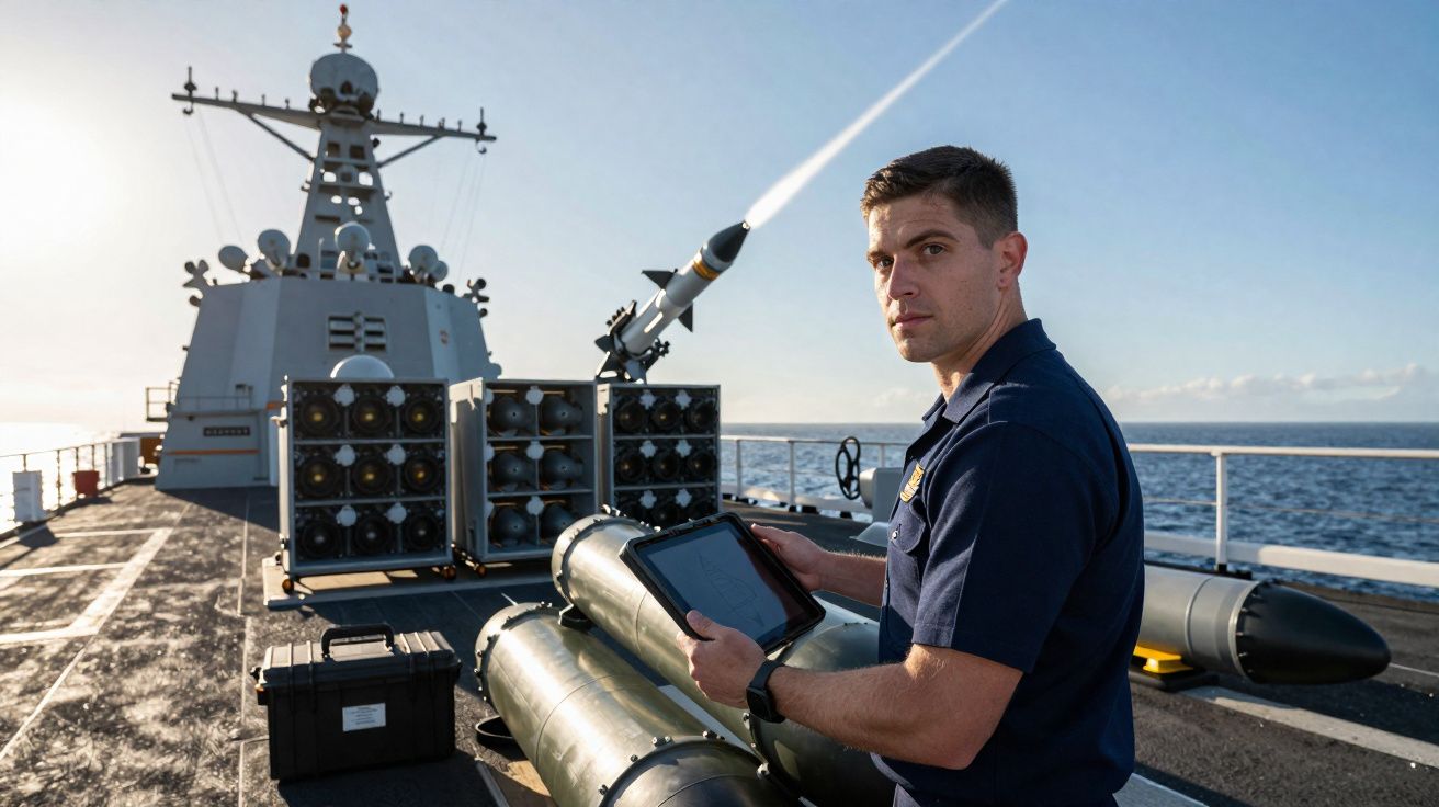 Homem em uniforme naval maneja tablet junto a mísseis num navio de guerra em alto mar.