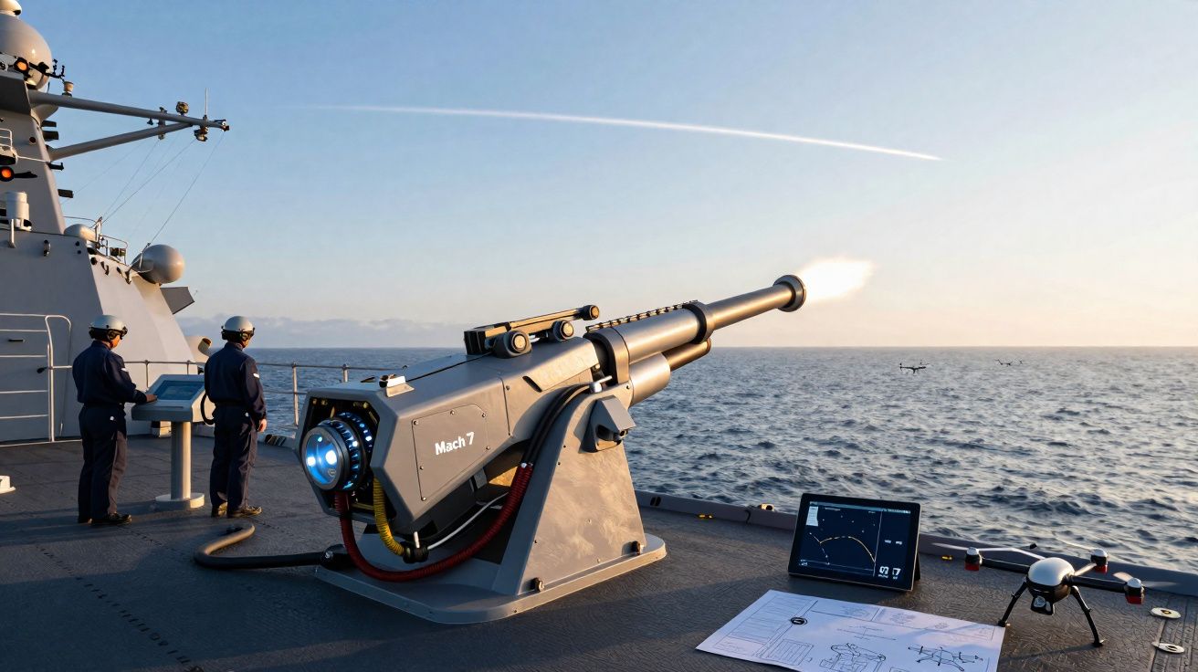 Canhão automatizado a disparar em navio militar com dois tripulantes e drone sobre a água ao pôr do sol.