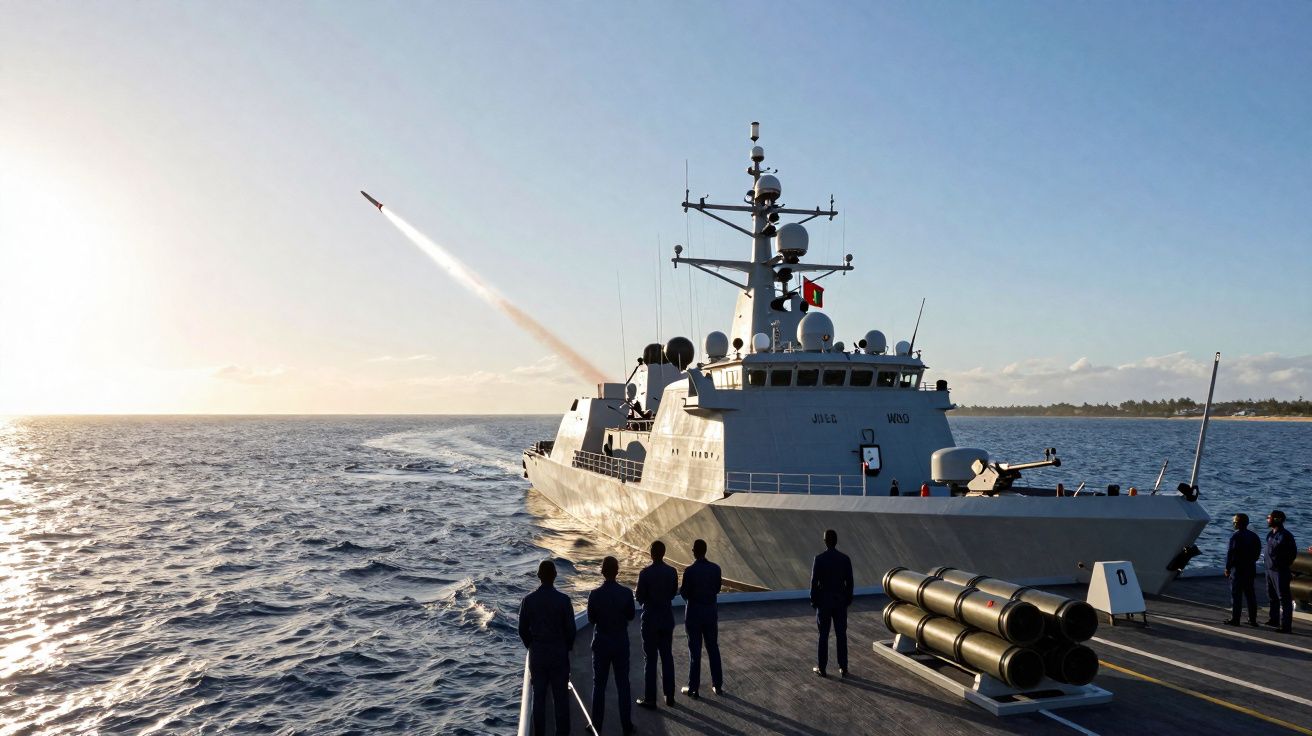 Navio militar a lançar um míssil, com vários tripulantes observando na popa durante o pôr do sol.