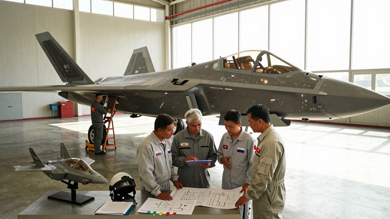 Quatro engenheiros em uniformes analisam plantas junto a modelo e caça real F-35 numa fábrica.