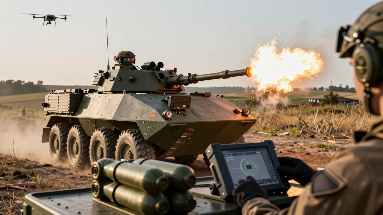 Carro de combate a disparar com drone ao lado e militar a operar controlo remoto em campo aberto.