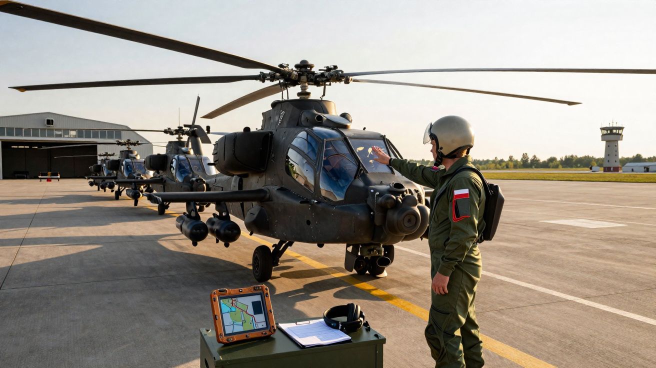 Piloto em uniforme inspeciona helicóptero militar armado na pista com mais helicópteros e torre de controlo ao fundo.