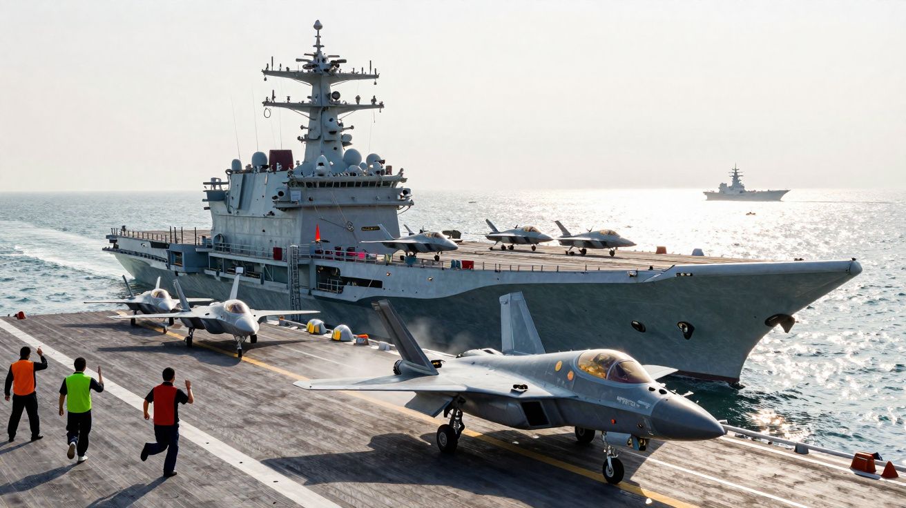 Porta-aviões no mar com cinco caças na pista e três pessoas a dirigir as aeronaves no convés.