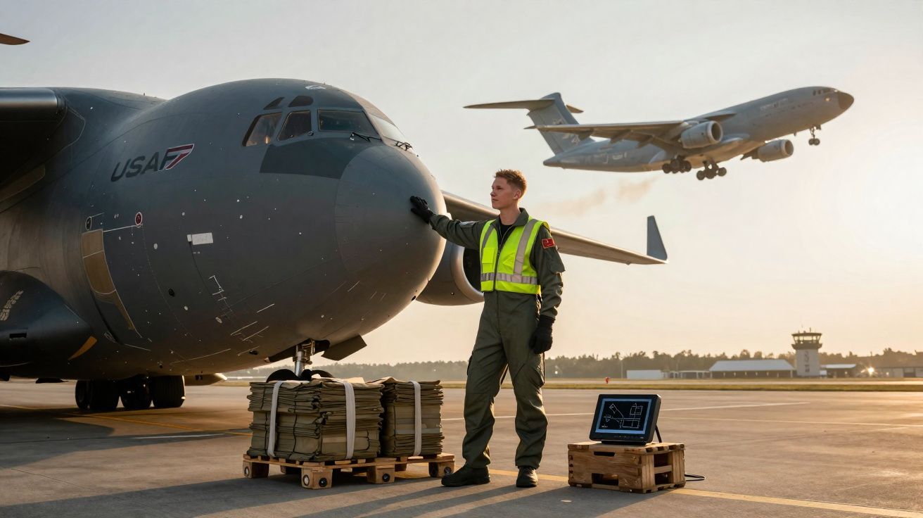Militar com colete refletor encostado em avião militar estacionado, com avião comercial a descolar ao fundo.