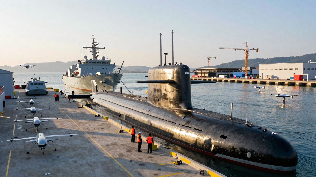 Submarino negro atracado num porto militar com drones e navios próximos ao entardecer.