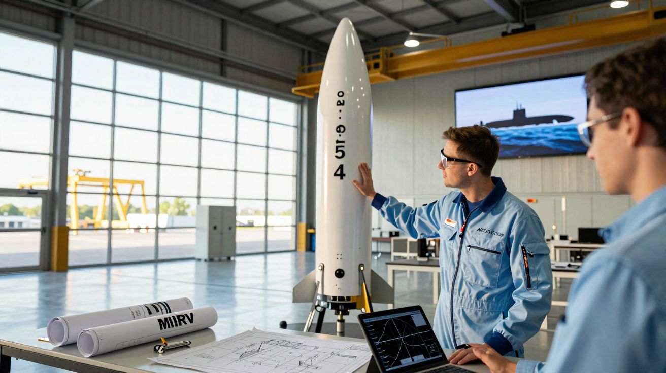 Técnicos em laboratório inspecionam modelo de míssil balístico em ambiente industrial moderno.