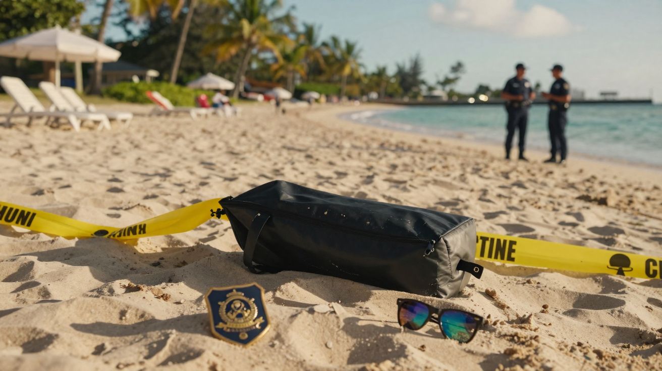 Praia com fita de isolamento policial, mochila preta, óculos de sol e dois agentes ao fundo.