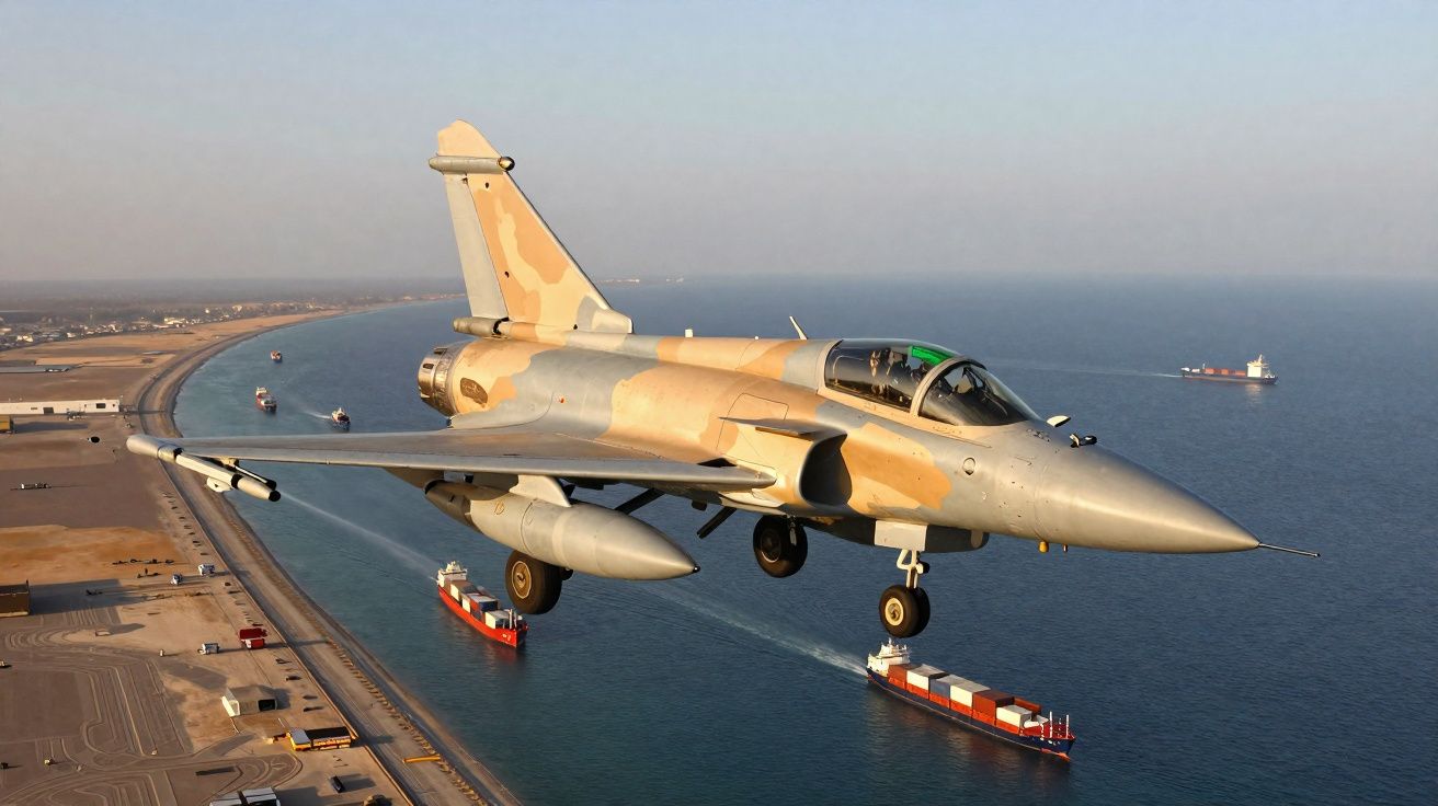 Caça militar com camuflagem voa sobre porto com vários navios de carga num dia limpo.