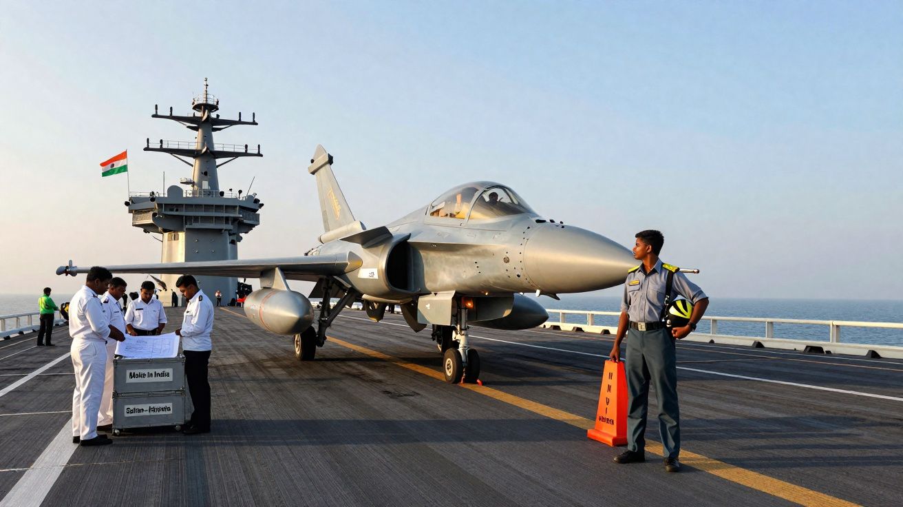 Caça militar estacionado em porta-aviões com tripulantes e marinheiro em convés aberto ao mar.