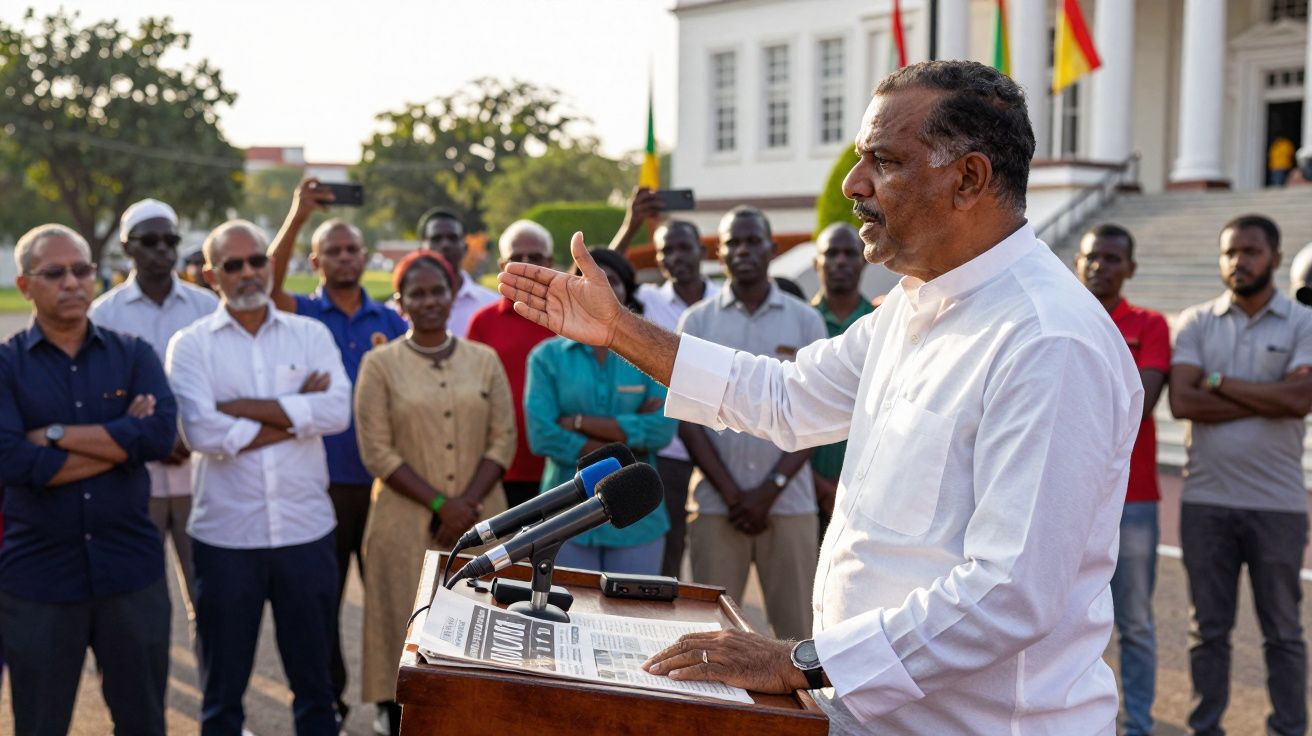 Homem a discursar em púlpito com microfones, enquanto grupo de pessoas escuta ao ar livre junto a edifício oficial.