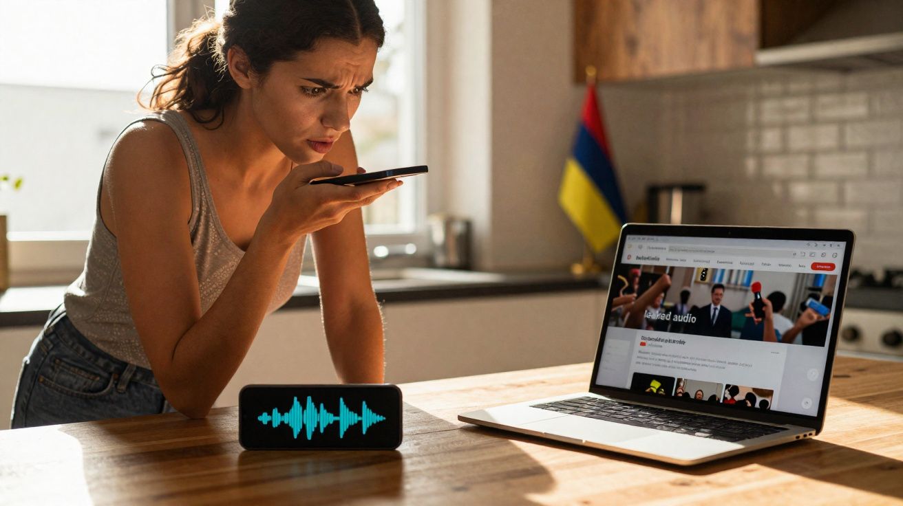 Mulher gravando mensagem de voz com telemóvel, perto de altifalante e computador portátil numa cozinha.