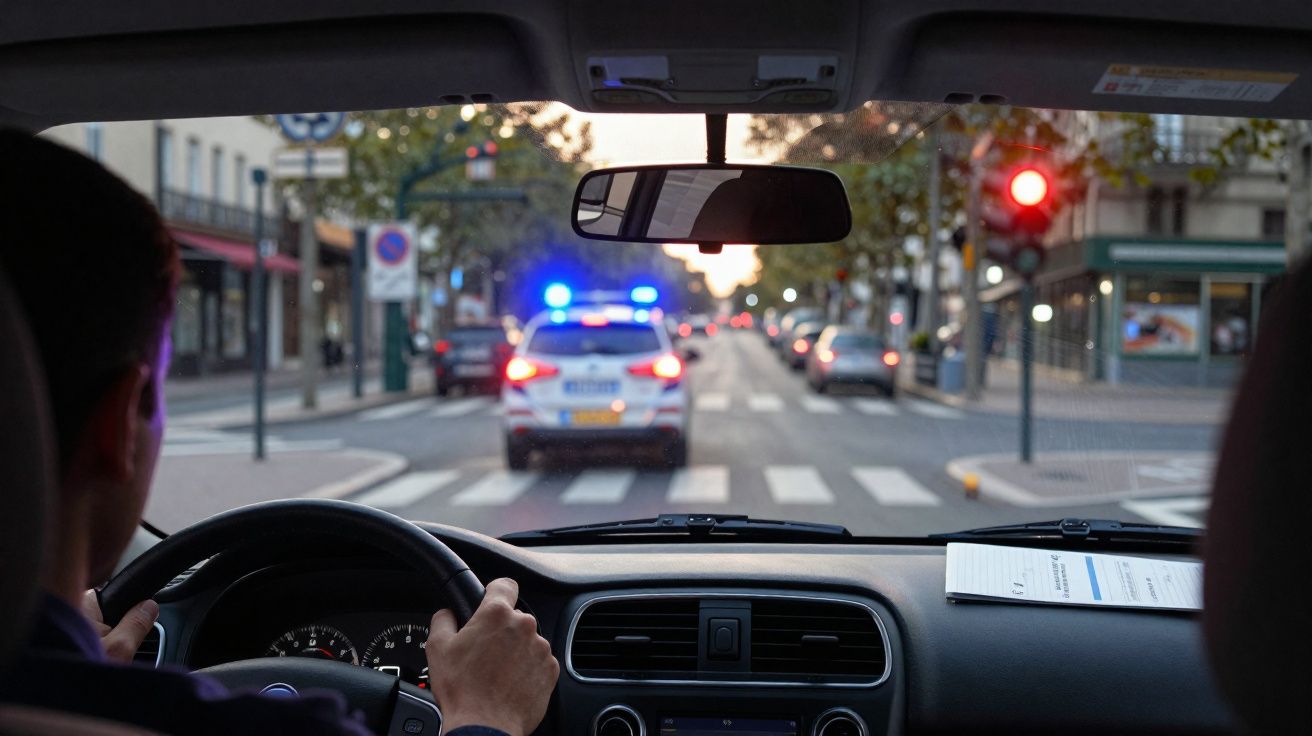 Pessoa ao volante observa carro da polícia com luzes azuis ligado, parado num semáforo vermelho na cidade.