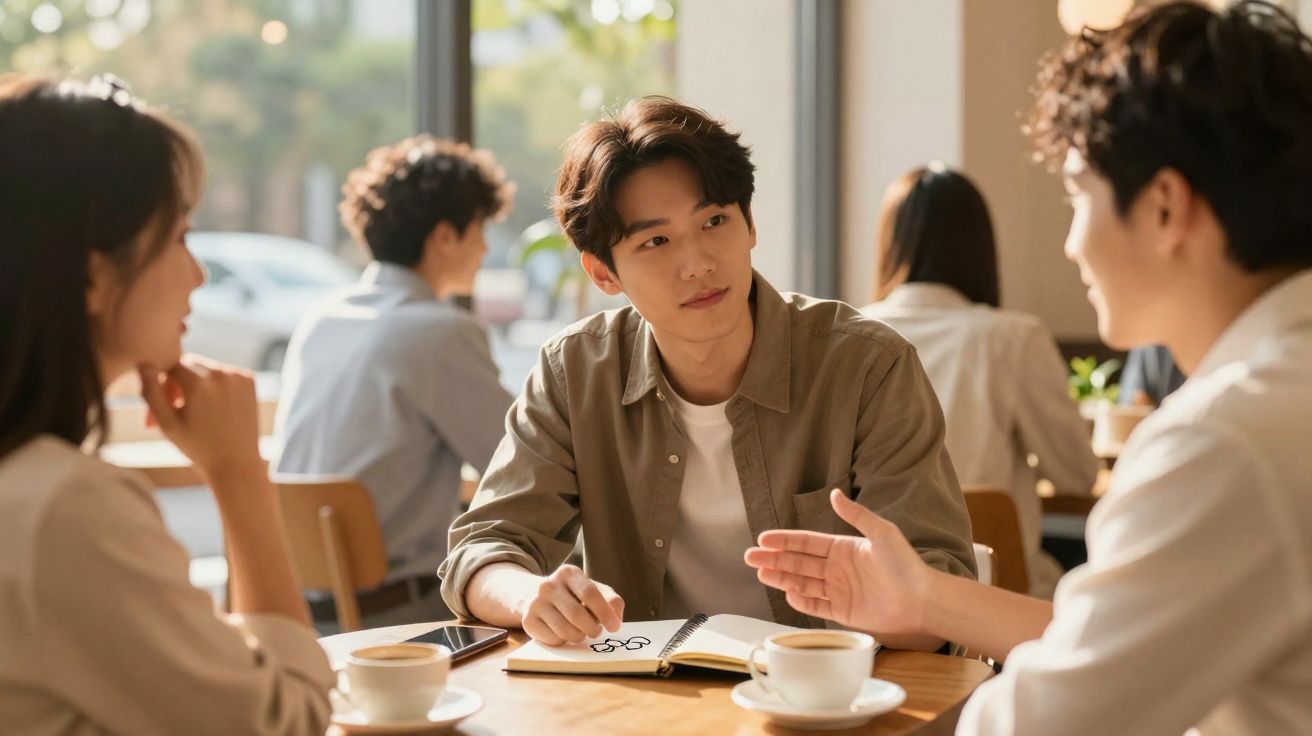 Grupo de jovens a conversar e tomar café numa mesa de café com cadernos e telemóveis.