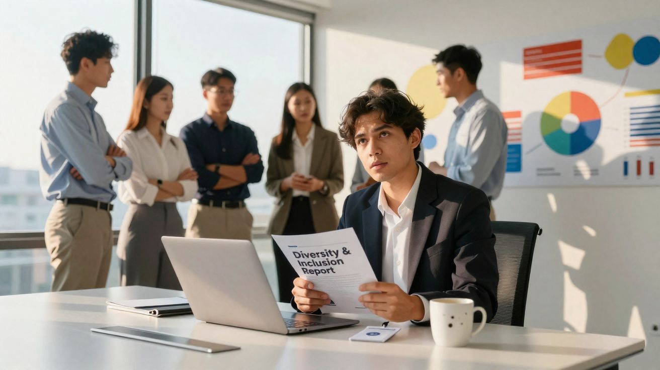 Jovem sentado à secretária com relatório em inglês, grupo de colegas em discussão ao fundo num escritório moderno.
