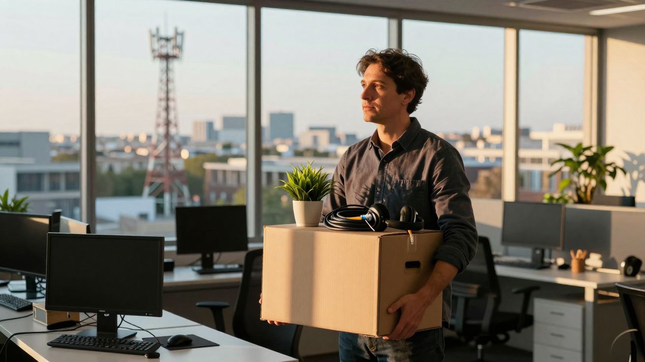 Homem jovem a sair do escritório ao pôr do sol com uma caixa contendo objetos pessoais e uma planta.