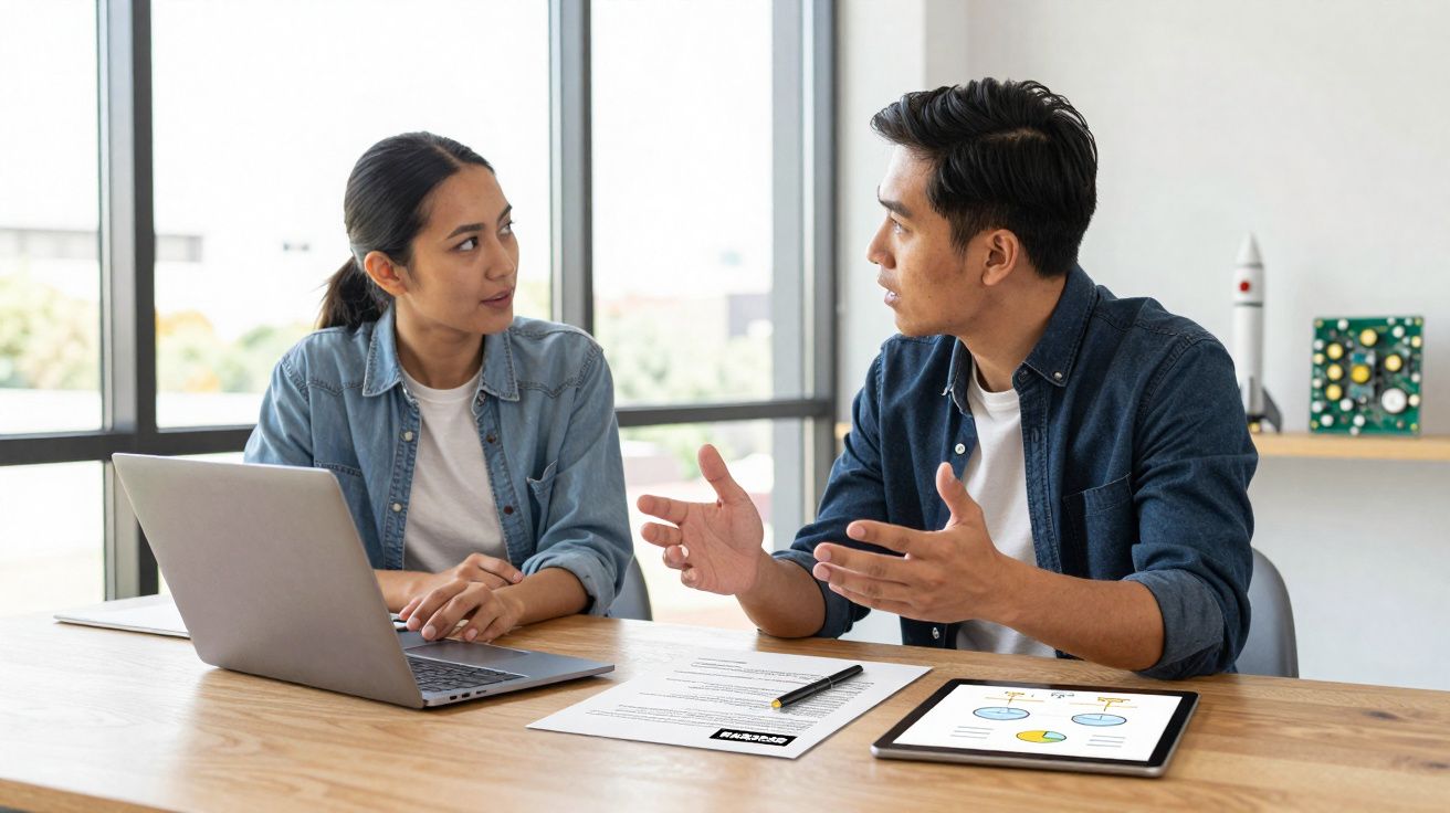 Duas pessoas a conversar numa mesa com computador portátil, tablet e documentos, em ambiente de escritório.