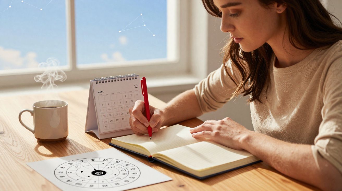 Mulher a escrever num caderno com caneca de café fumegante, calendário e folha com diagrama numa mesa de madeira.