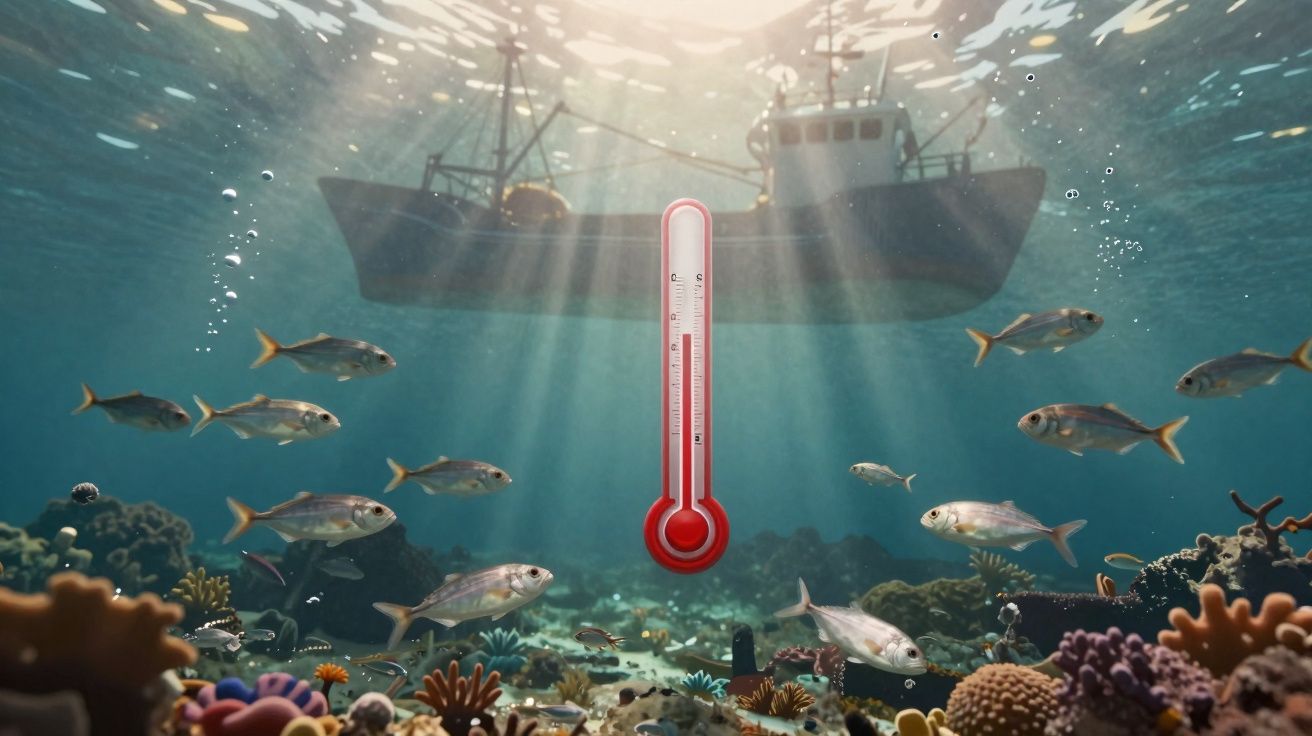 Termómetro vermelho em meio ao fundo do mar com peixes, corais e um barco na superfície.