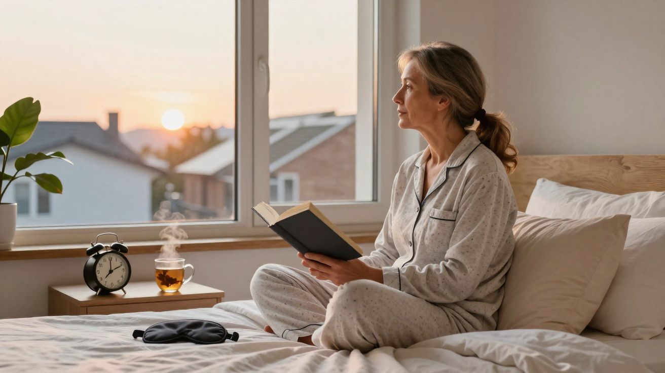 Mulher de pijama sentado na cama ao amanhecer, lendo um livro e olhando pela janela.