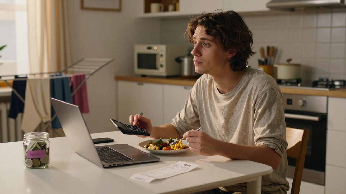 Homem a usar calculadora enquanto come e está à frente de computador portátil numa cozinha.