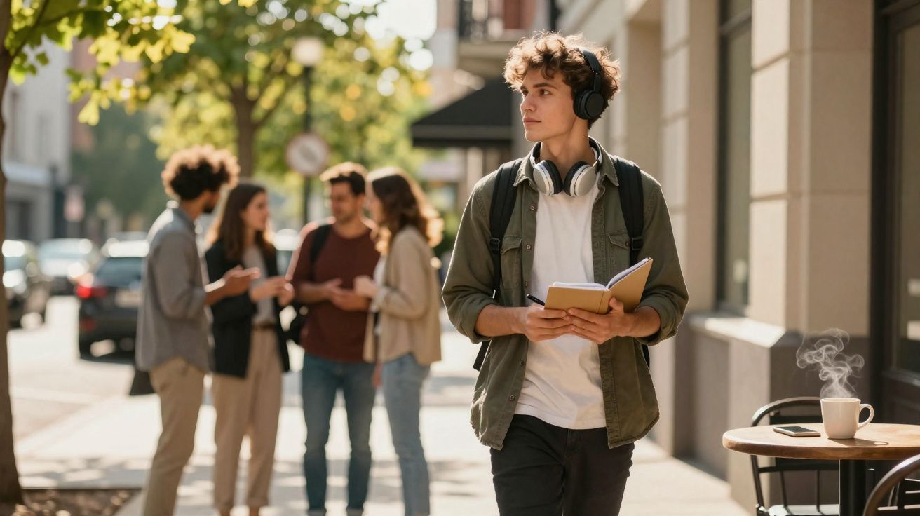 Jovem com auscultadores e livro caminha na rua, enquanto grupo conversa ao fundo perto de café.