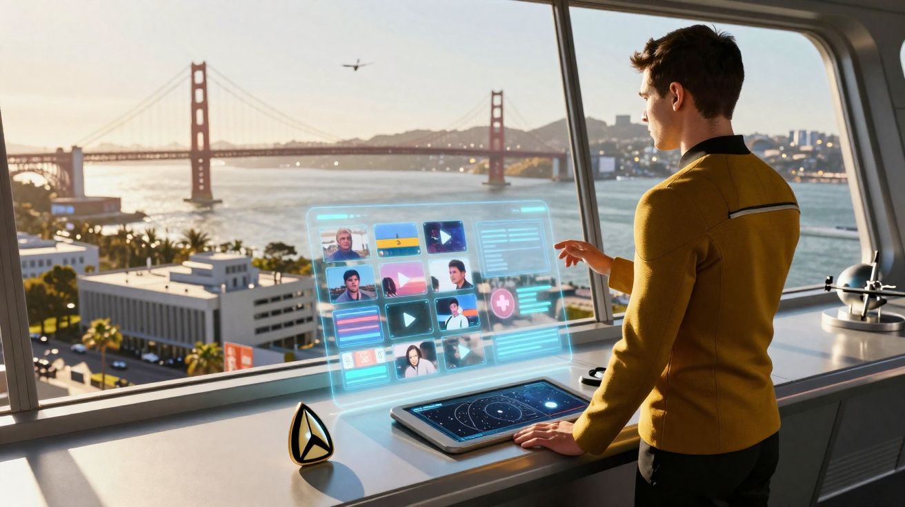 Jovem em uniforme futurista usa interface holográfica com vista para a ponte Golden Gate e baía de São Francisco.