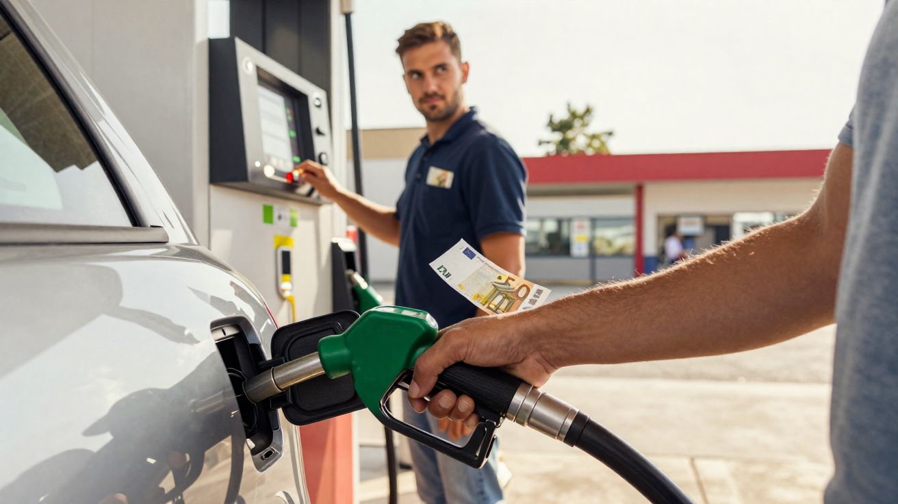 Pessoa a abastecer carro com combustível numa bomba de gasolina enquanto outra segura notas para pagar.