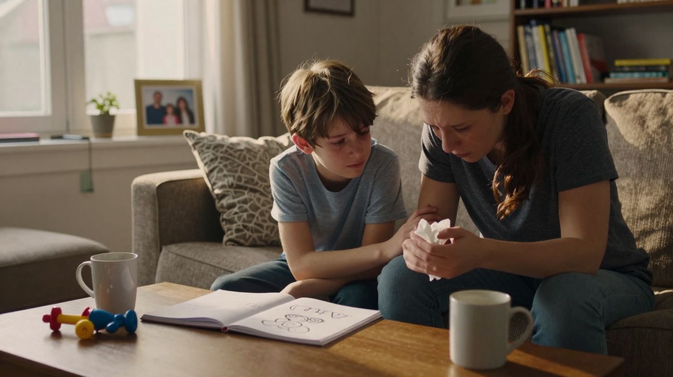 Mulher e menino sentados no sofá, ela parece triste e ele tenta confortá-la com um lenço na mão.