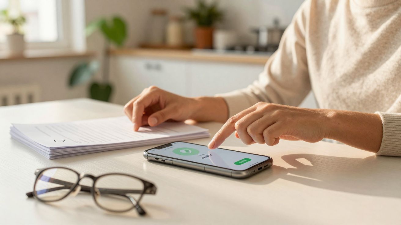 Pessoa a usar telefone com aplicação WhatsApp aberta numa mesa com documentos e óculos.