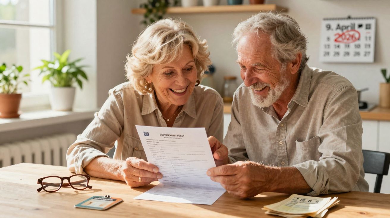 Casal sénior feliz a analisar documento financeiro à mesa com dinheiro e calendário de abril 2020.