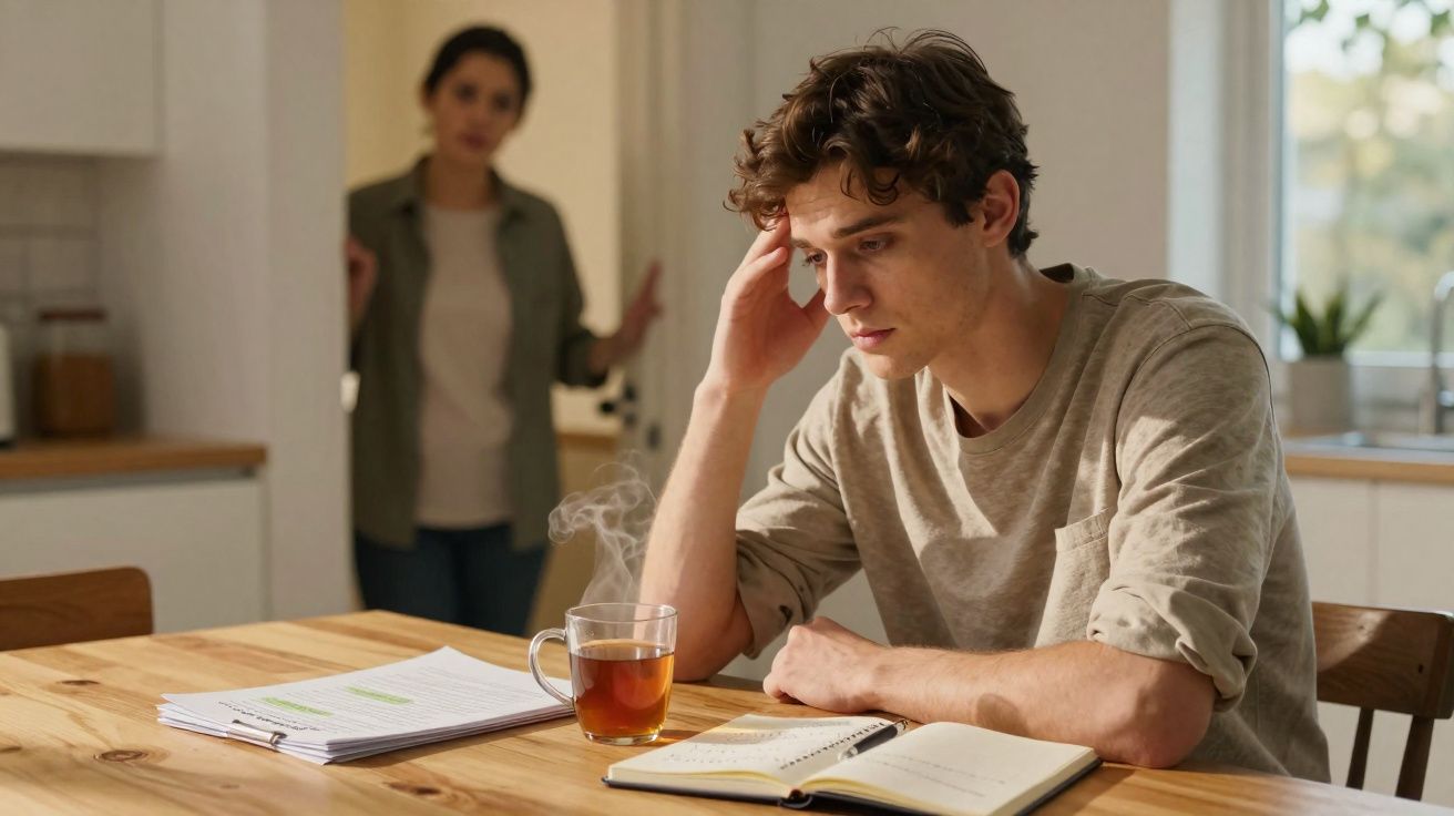Jovem preocupado a estudar à mesa com chá, enquanto uma mulher observa da porta da cozinha.